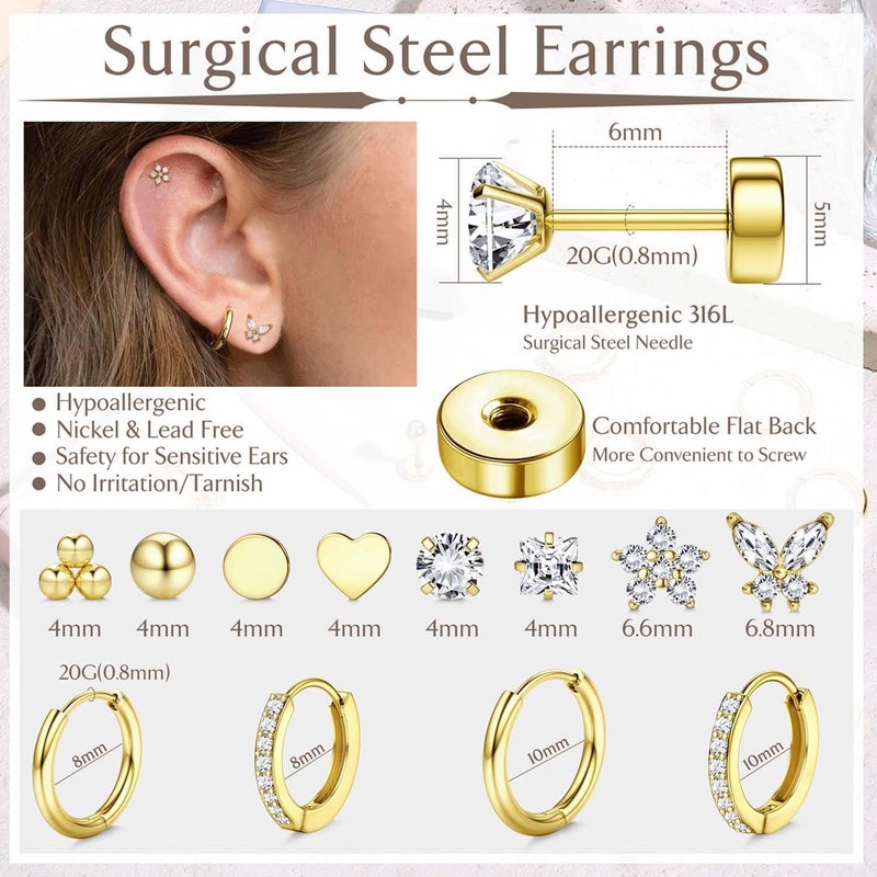 Jstyle Hypoallergenic 14K Gold Plated Flat Back Earrings for Women Men Surgical Stainless Steel Earrings for Sensitive Ears Small Stud Hoop Cartilage Earring Stack Set for Multiple Piercing Jewelry - Image 5